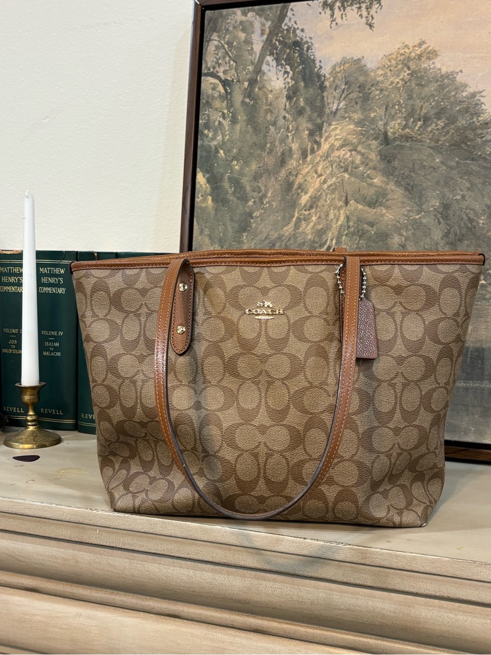 Coach Tan and Brown Signature Canvas Tote